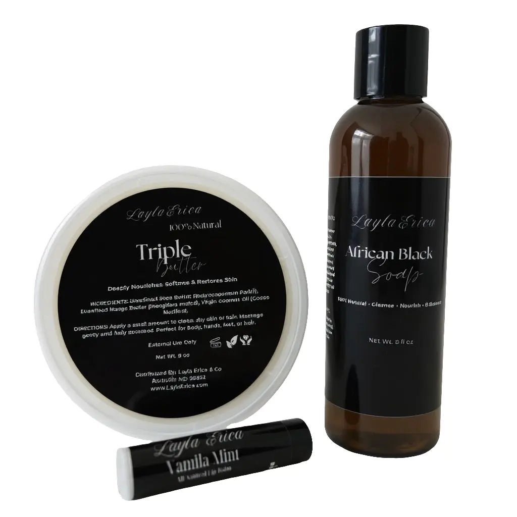 Layla Erica Everyday Essentials skincare set – black soap, body butter, and lip balm